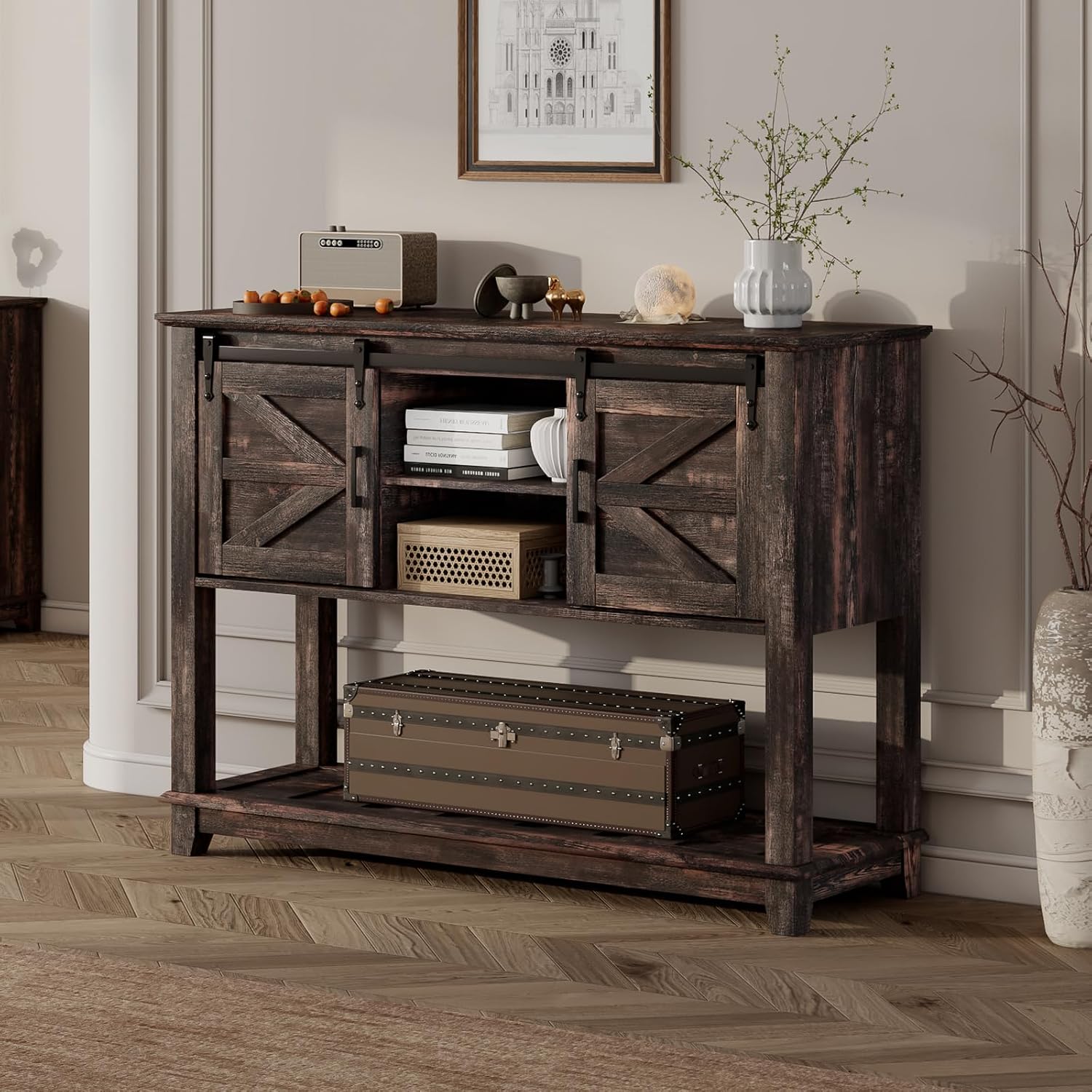 LUXOAK Farmhouse Entryway Table with Sliding Barn Doors, 46' Sofa Table for Living Room, Console Table with Storage, Dark Rustic Oak