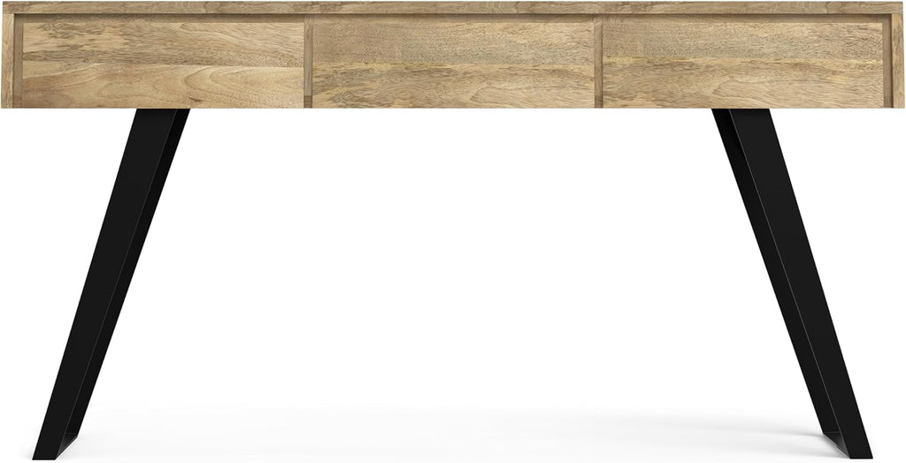 SIMPLIHOME Lowry Console Table - 60 Inch Wide Solid Mango Wood and Metal Sofa Table in Natural, Modern Industrial Storage Table for Entryway or Living Room with 3 Drawers and Angled Metal Legs