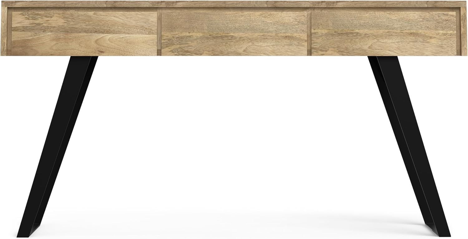 SIMPLIHOME Lowry Console Table - 60 Inch Wide Solid Mango Wood and Metal Sofa Table in Natural, Modern Industrial Storage Table for Entryway or Living Room with 3 Drawers and Angled Metal Legs