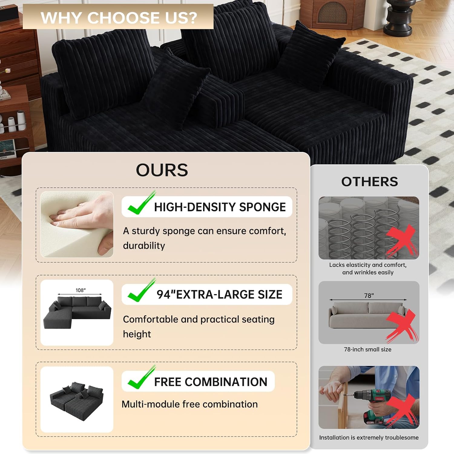 96' Modular Sectional Cloud Couch for Living Room Deep Seat L Shapes Boneless Couch with Oversized Chaise Lounge, Comfy Memory Foam Flannel Fabric Sofa for Bedroom Apartment, No Assembly Required