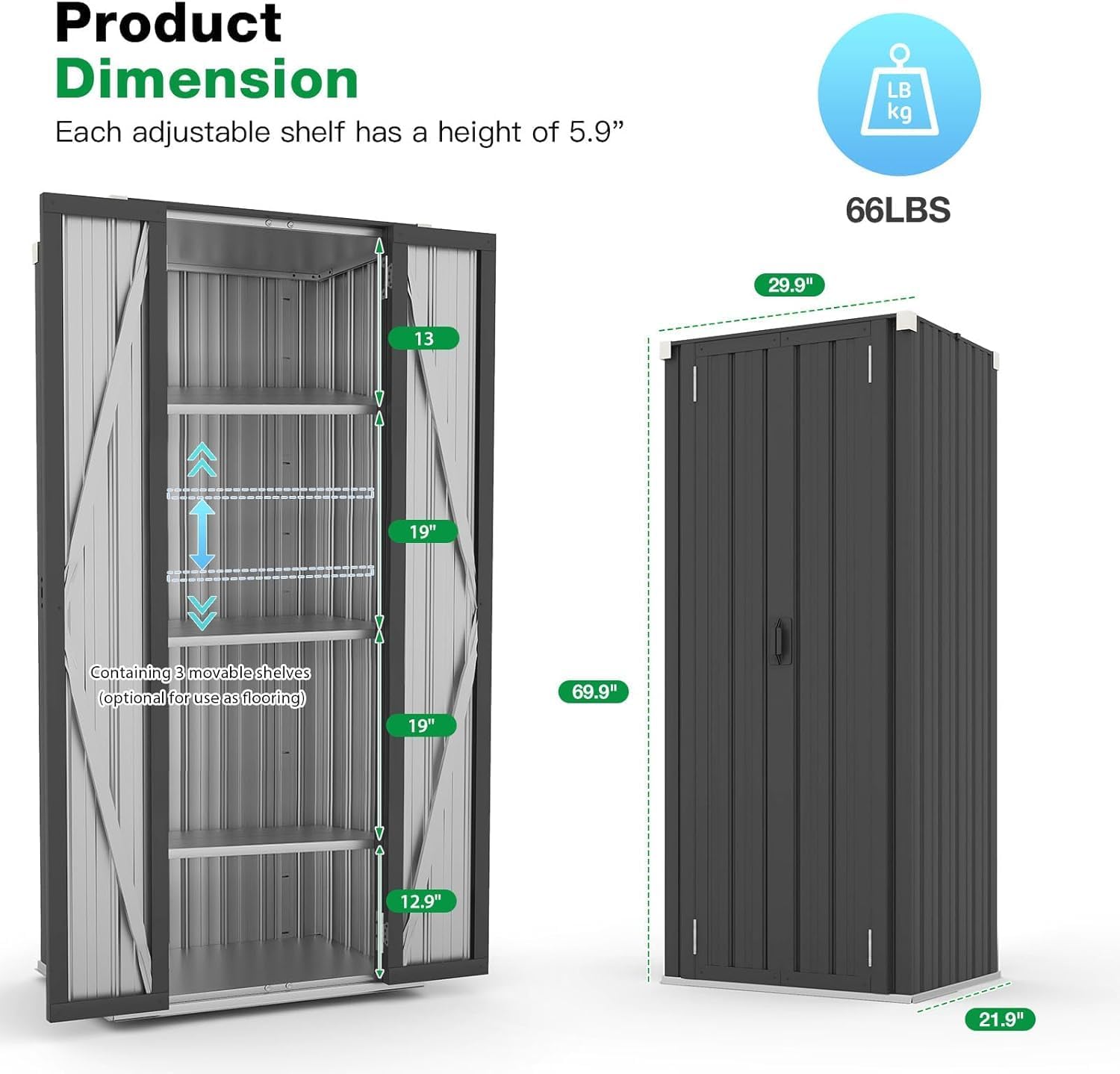 AECOJOY Outdoor Storage Cabinet Waterproof, Vertical Tall Outdoor Storage Cabinet with Shelves, Garden Sheds & Outdoor Storage Clearance Cabinet Weatherproof for Outside or Indoor in Dark Grey