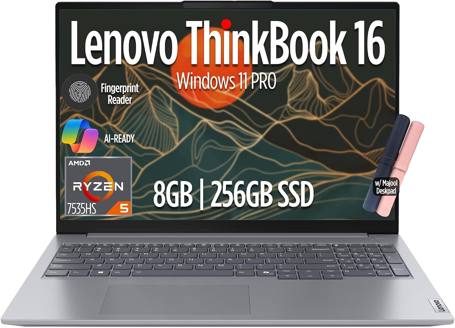 Lenovo ThinkBook 16 Gen 7 Business Laptop, 16' FHD+ Display, AMD Ryzen 5 7535HS (> i7-1355U), 8GB DDR5 RAM, 256GB SSD, KB Backlit, Webcam, Ethernet, Wi-Fi 6, Windows 11 Pro w/Copilot, MAJ DESKPAD
