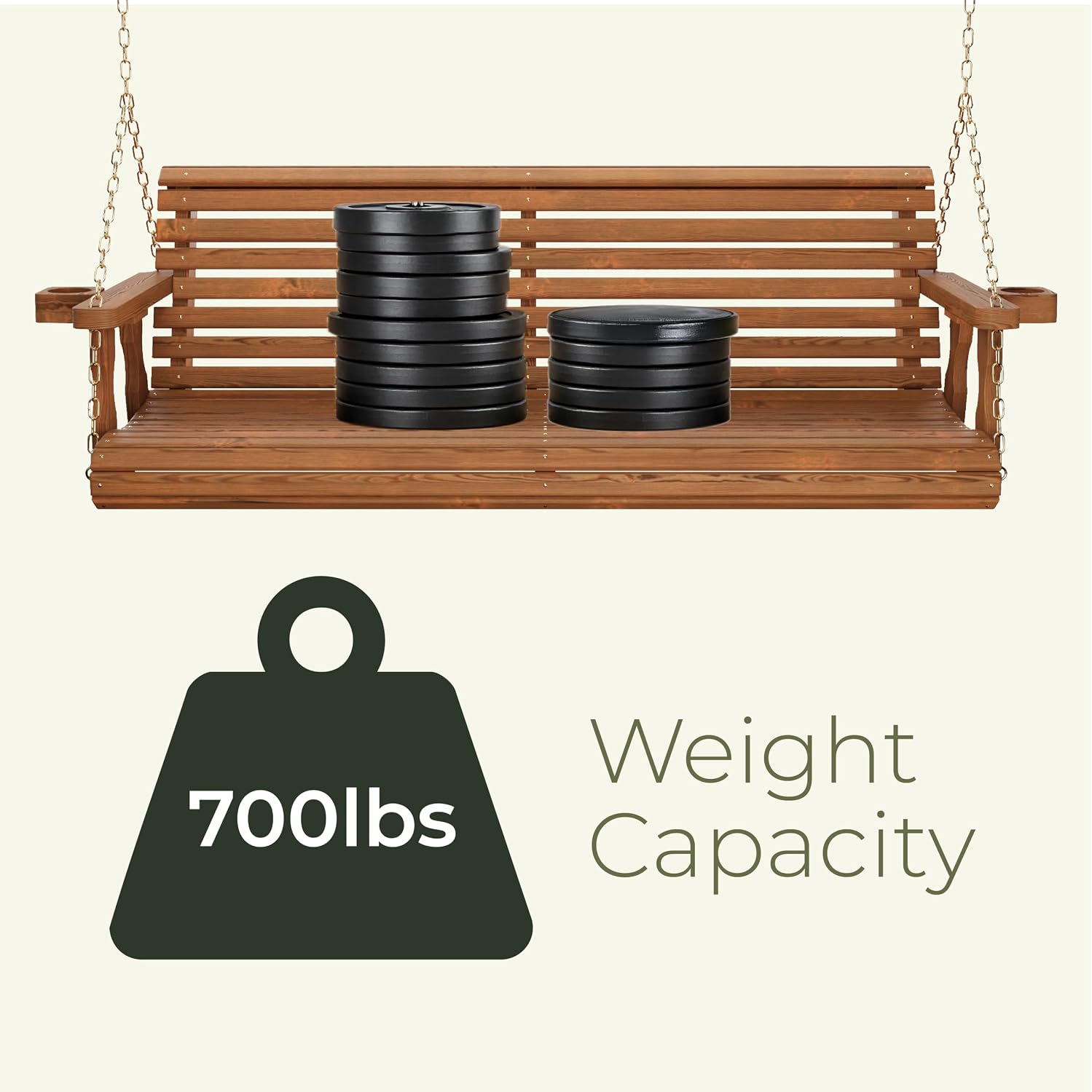 Amish Casual Heavy Duty 700 Lb Capacity Porch Swing with Cup Holders (5 Foot, Oak Stain) – Wooden Outdoor Roll Back Swing with Hanging Chains – Amish Made in the USA