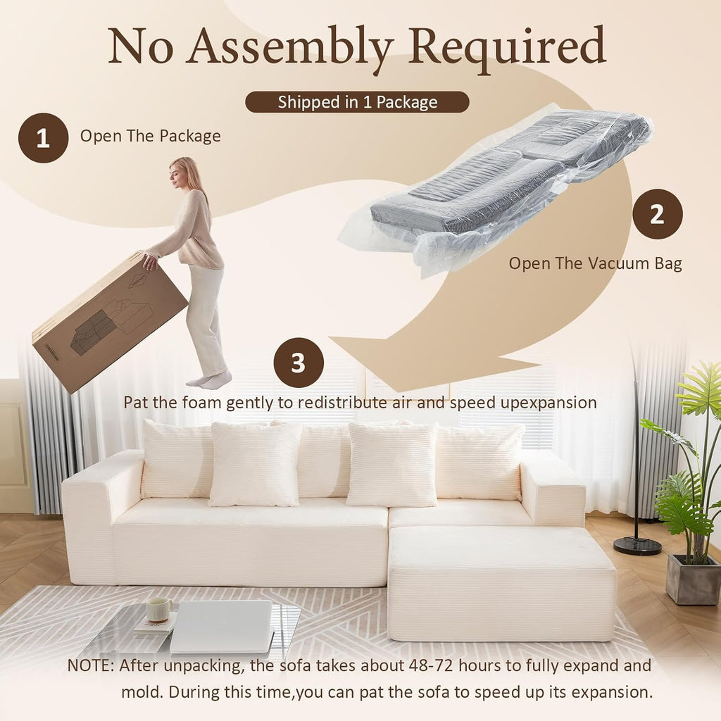 INGEROOM 108' Cloud Sectional Couch with L-Shape Chaise, Modular Sofa Memory Foam, Boneless Sofa with Movable Ottoman, Upholstered Couches for Living Room Bedroom, No Assembly Required, Beige