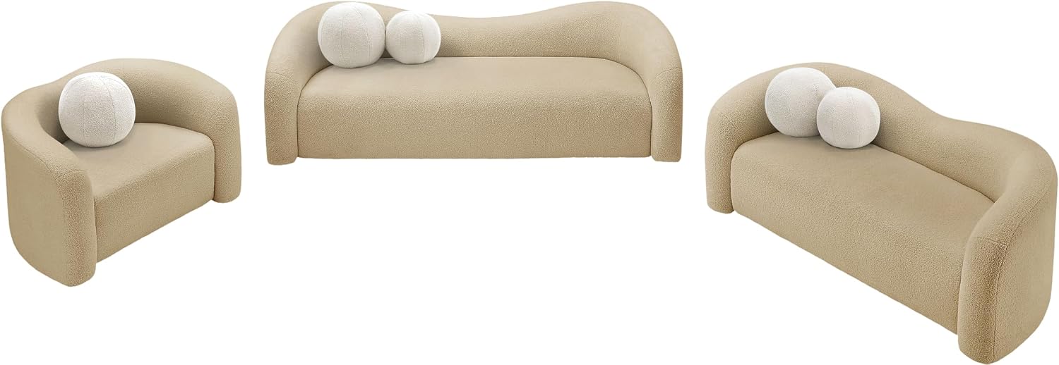 Meridian Furniture 186Beige-S Kali Collection Modern | Contemporary Sofa with Soft Beige Faux Shearling Teddy Fabric, Curved Back, 86' W x 33' D x 27' H, Beige