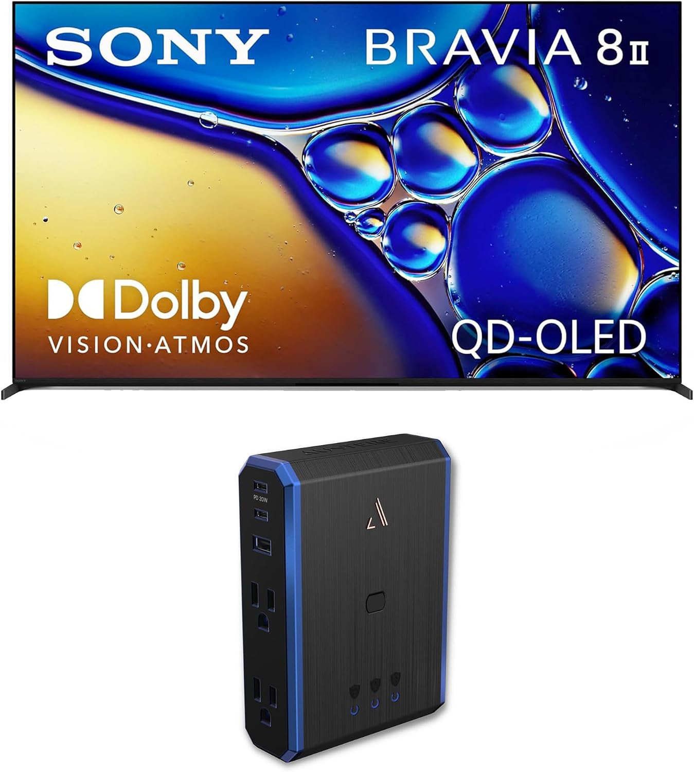 Sony K55XR80M2 55 Inch Bravia 8 QD-OLED 4K HDR Google TV with an Austere 5S-PS4-US1 4-Outlet Power (2025)