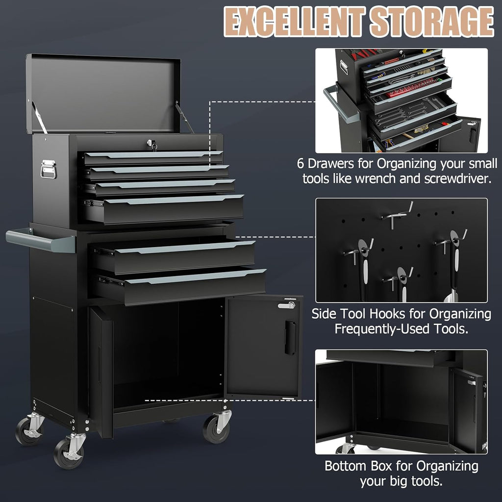 ERGOMASTER Large Rolling Tool-Chest with 6 Drawers Heavy Duty Tool-Cabinet on Wheels Lockable and Lock System for Garage Workshop(28 x 13 x 44'-Black)