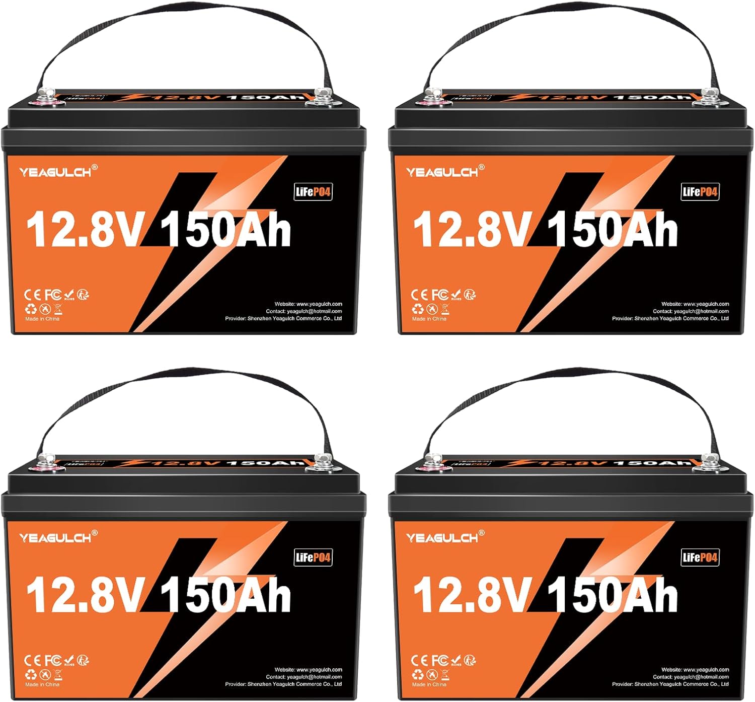 4X 12V 150Ah LiFePO4 Lithium Battery Built-in 100A BMS 1920Wh 15000+ Deep Cycle Rechargable Low Temp Cut Off Battery for Camping, Solar, RV, Marine, Off-Grid Applications