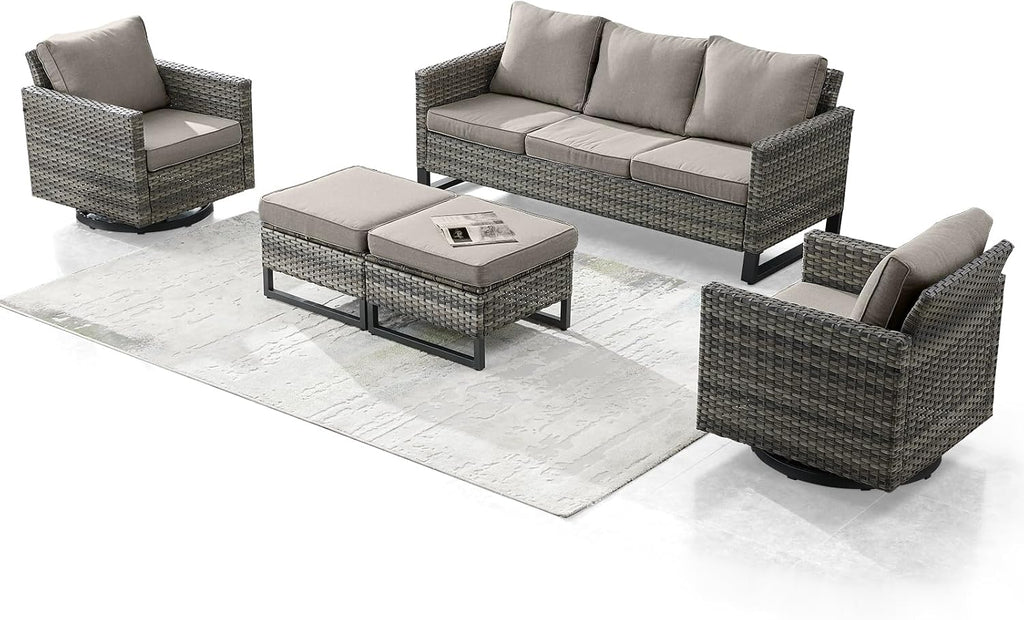 Rilyson Luxury Wicker Outdoor Patio Furniture Set of 5-5 Piece Patio Conversation Set with 2 Swivel Rocker Chairs,2 Rattan Ottoman and 1 Couch for Outside Porch Deck Backyard Garden(Mixed Grey/Beige)