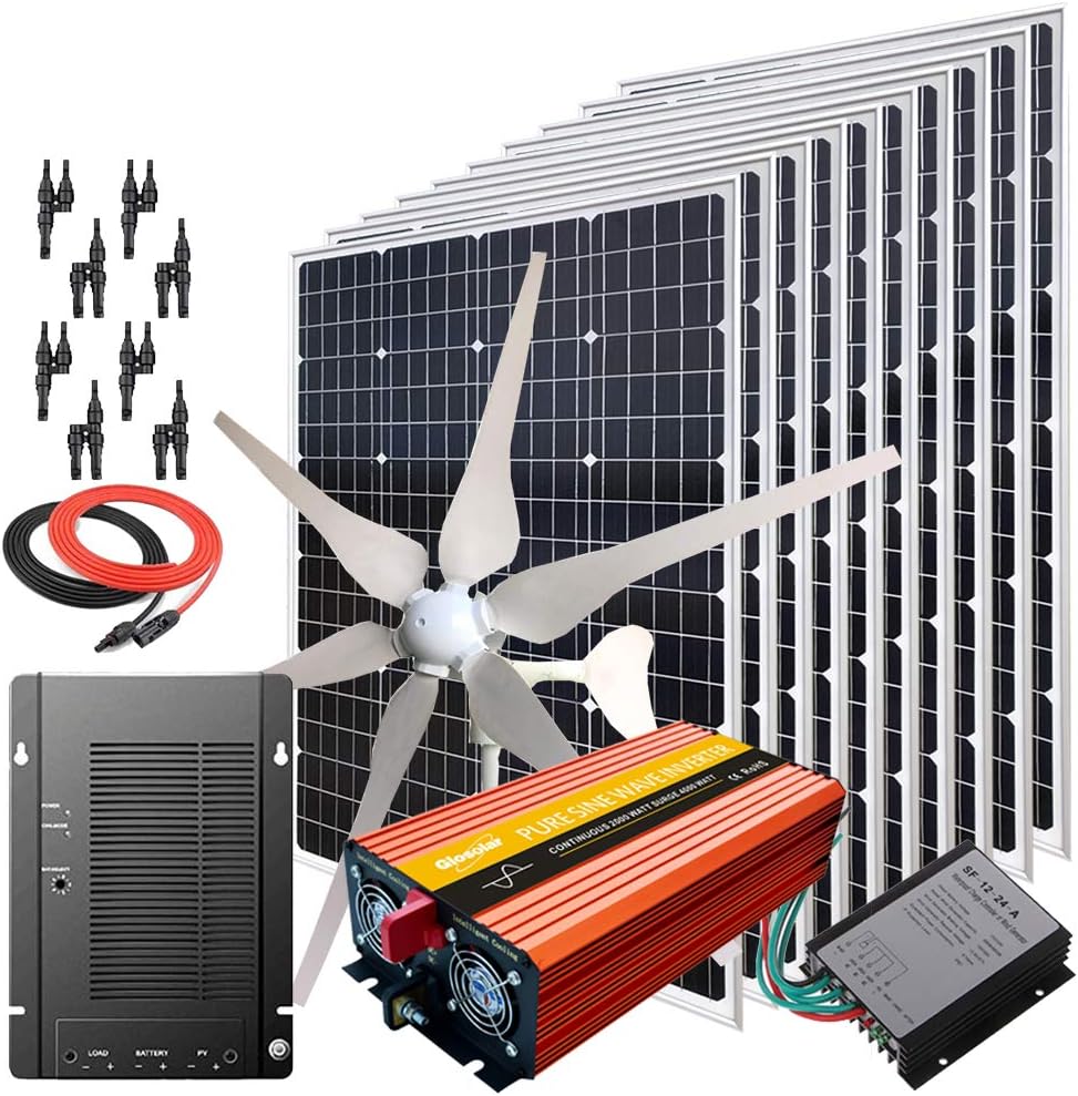 1600W Wind Solar Generator Kit with 2000W Inverter: 400W Wind Turbine(6 Blades) + 10PCS 120W Mono Solar Panels + MPPT Charge Controller + Accessories (1600W kit with 2000W Inverter, for 12V System)