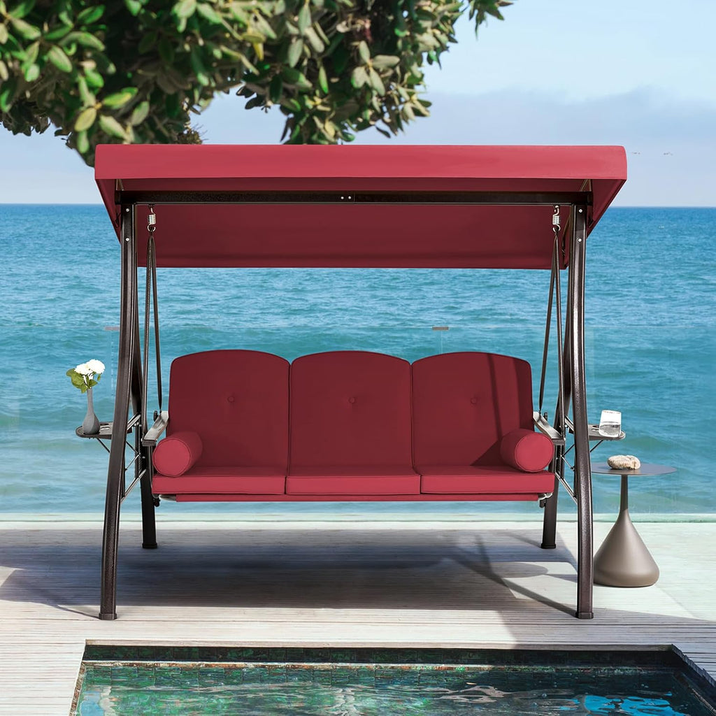 HOMREST 3 Person Outdoor Porch Swing with 1.5' Upgraded Cup Holder, Adjustable Canopy, Backrest, Patio Swing Bed with Weather Resistant Steel Frame, Cushions for Garden,Deck and Poolside(Wine Red)
