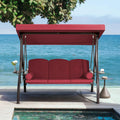 HOMREST 3 Person Outdoor Porch Swing with 1.5' Upgraded Cup Holder, Adjustable Canopy, Backrest, Patio Swing Bed with Weather Resistant Steel Frame, Cushions for Garden,Deck and Poolside(Wine Red)