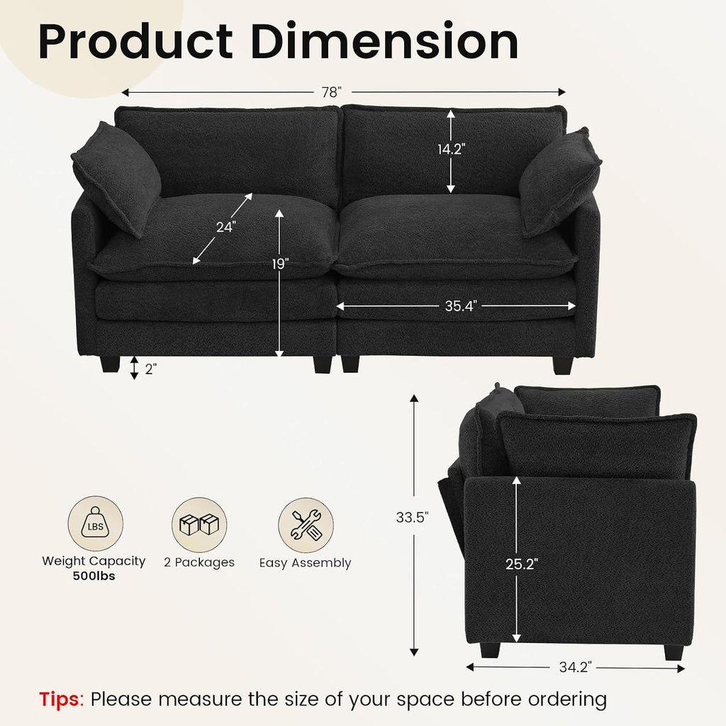ROWHY Modular Loveseat Sectional Sofa, 78' Upholstered Loveseat, 2 Deep Seat Sofa Couch with 2 Throw Pillows for Small Space, Modern Comfy Cloud Couch for Living Room, Chenille, Black