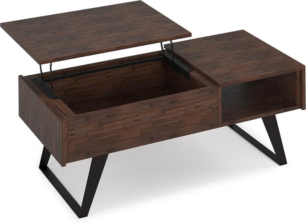 SIMPLIHOME Lowry Lift Top Coffee Table - 48 inch Wide Solid Acacia Wood and Metal Living Room Table in Distressed Charcoal Brown, Modern Industrial Cocktail Table with Hidden Storage and Open Shelf