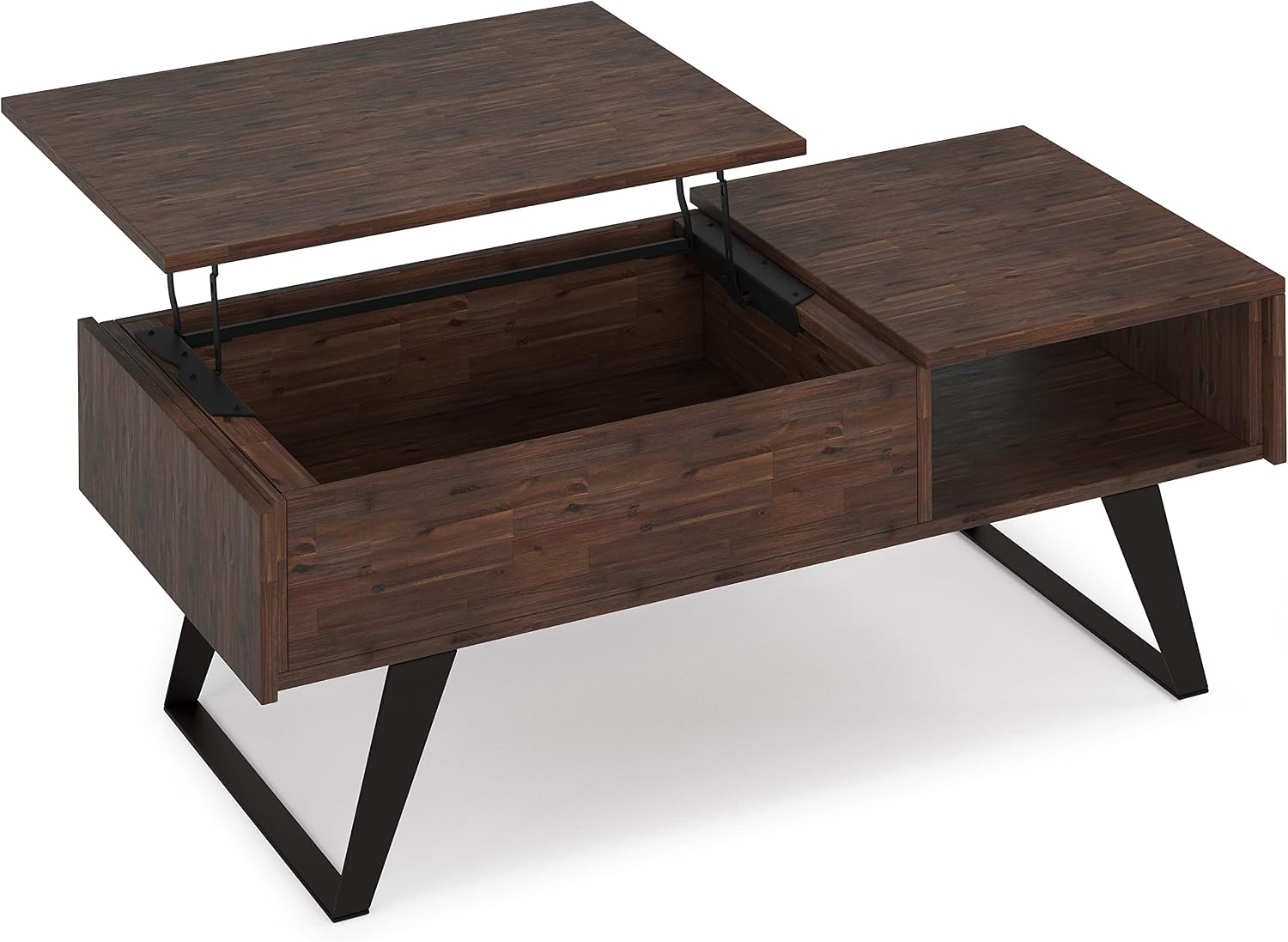 SIMPLIHOME Lowry Lift Top Coffee Table - 48 inch Wide Solid Acacia Wood and Metal Living Room Table in Distressed Charcoal Brown, Modern Industrial Cocktail Table with Hidden Storage and Open Shelf