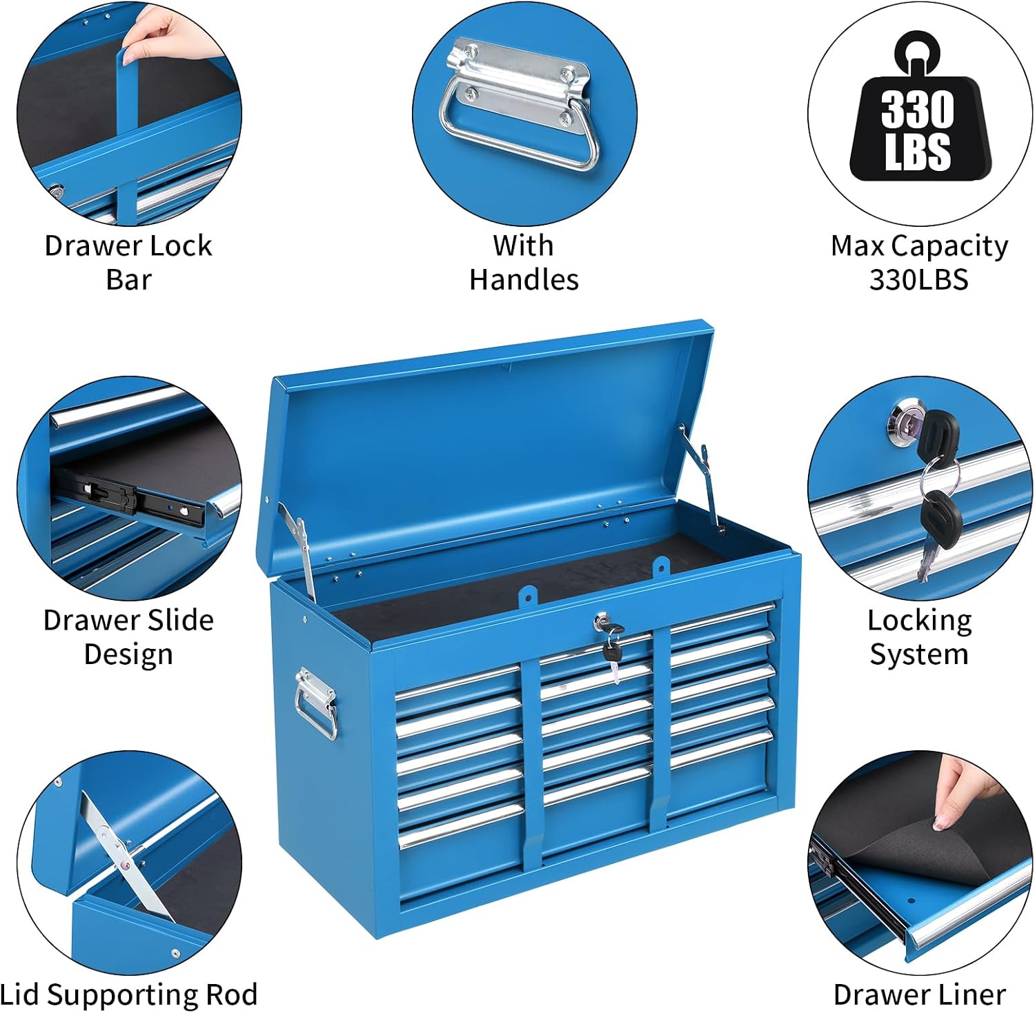 Winado 24' Portable Tool Box, 5 Drawer Tool Chest with Carry Handle, Top Case, Ball Bearing Runners, Lockable Metal Hand Toolbox for Garage, Warehouse, Repair Shop & Home, Blue