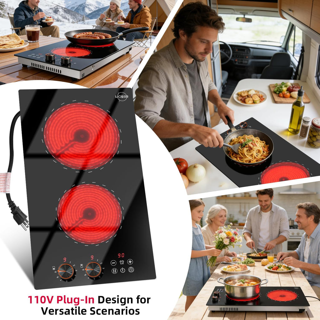 2 Burner Electric Cooktop 110v Hobsir, 2000W Electric Stove Top Burner 12 Inch, 9 Power Levels, Knob & Touch Control, Plug in Cooktop 120v, 99 Mins Timer, Safety Lock, Automatic shutdown