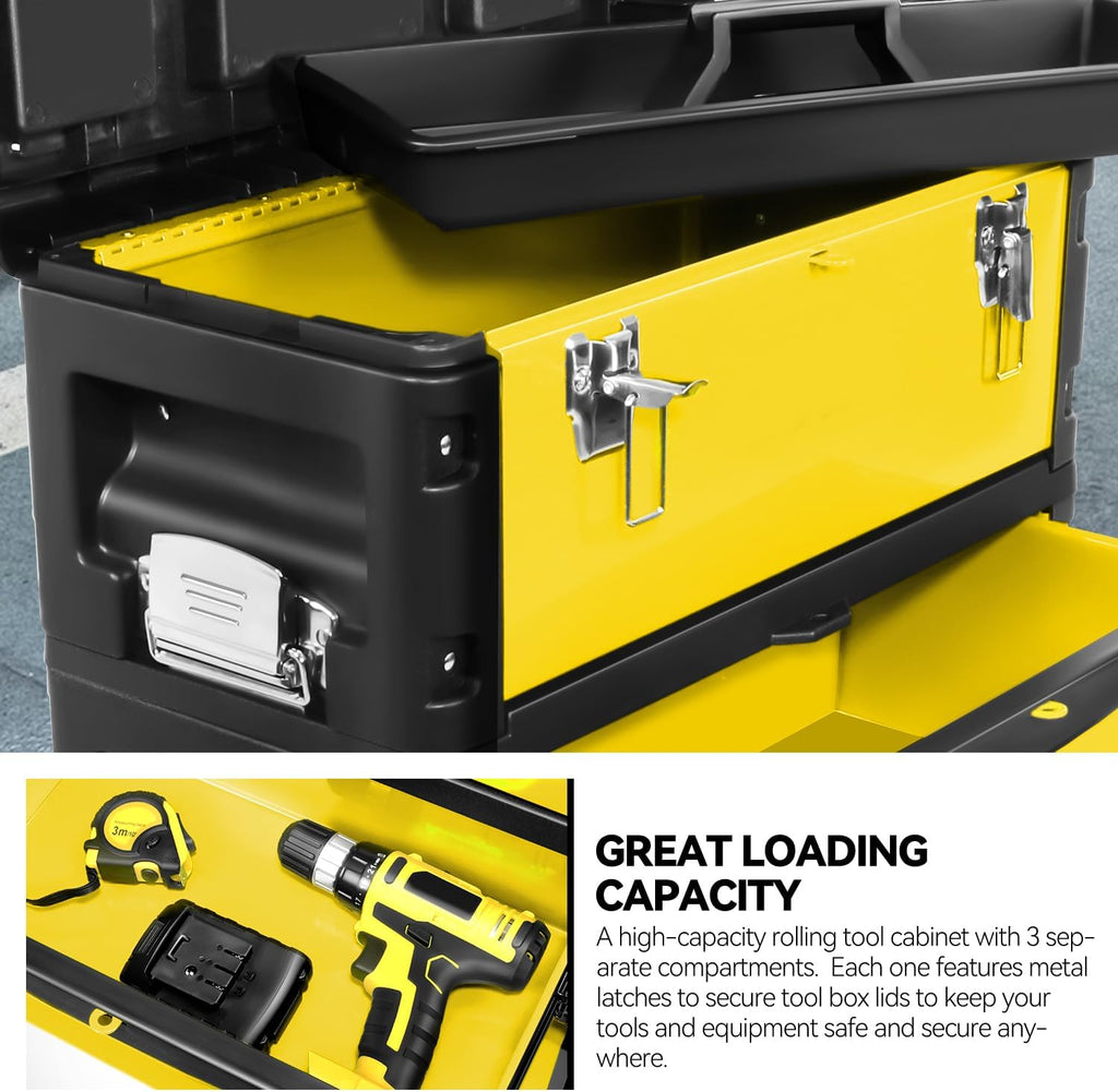 Auto Dynasty 3-Tier Stackable Tool Box, 19.5 Inch 3-in-1 Rolling Tool Box with Wheels, Portable Steel and Plastic Rolling Upright Trolley Toolbox Organizer for Garage Workshop, 3-Piece Set, Yellow