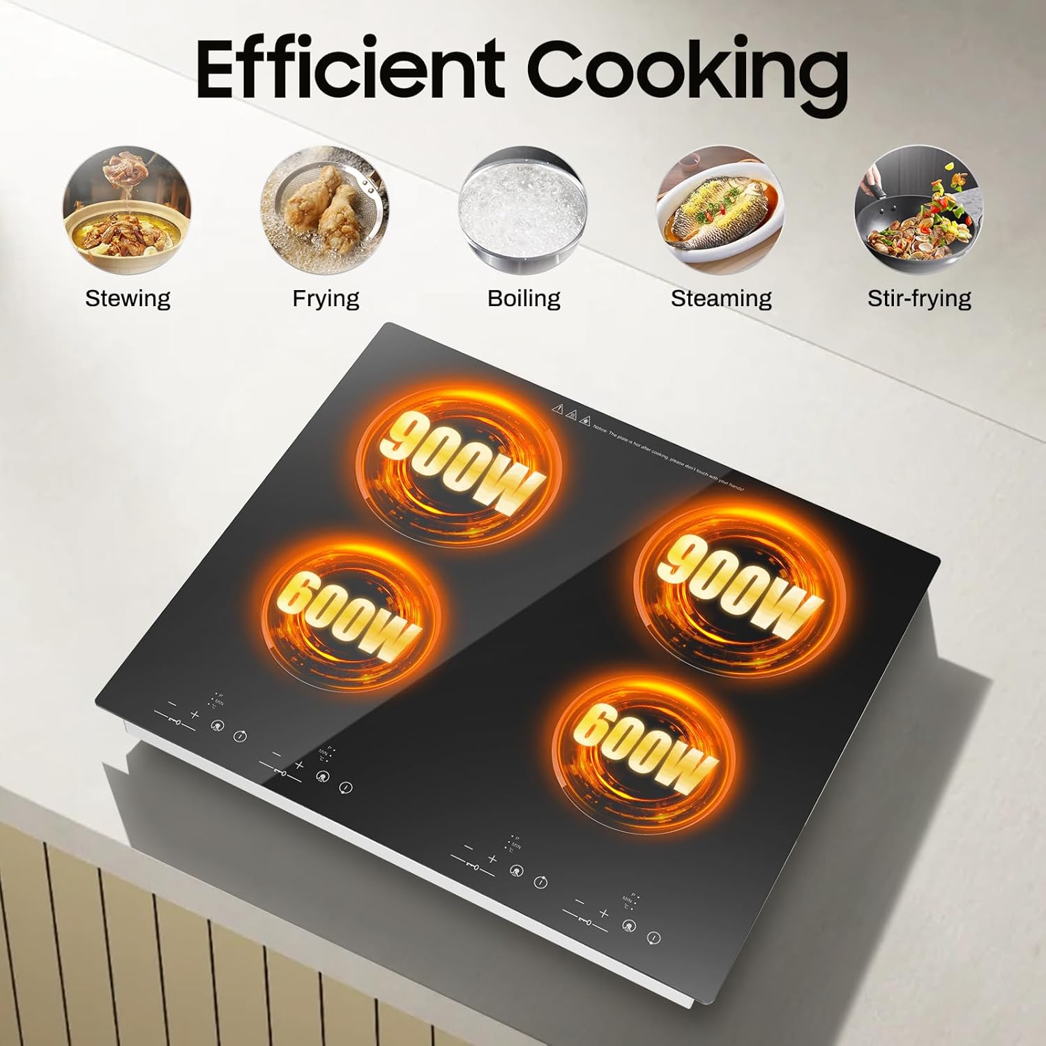 23' Electric Hot Plate Countertop Cooktop 4 Burner 3000W Plug in Electric Stovetop Cooktop for Home/RV/Camp, Compatible for All Cookwares, Black