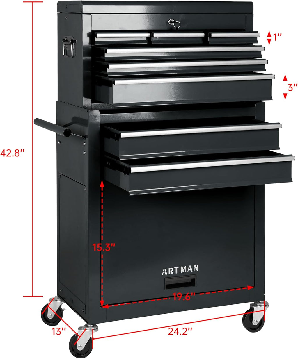 Maxority 8-Drawer Rolling Tool Chest with Lockable Wheels, Sliding Drawers, Detachable Top & Adjustable Shelf – Heavy Duty Tool Storage Cabinet for Garage, Workshop & Home Organization, Black