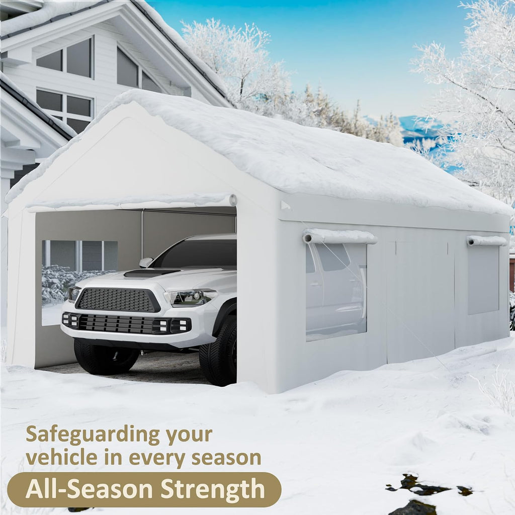 AirWire 12'x20' Heavy Duty Carport with All-Season Tarp, Portable Car Tent Garage with Roll-Up Windows & Side-Opening Door, Enclosed Car Port Canopy with Reinforced Base for Truck, Boat, White