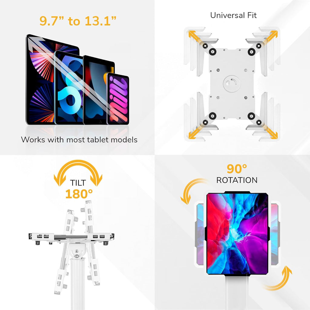 Mount-It! Anti-Theft Universal Tablet Floor Stand Kiosk, Locking Enclosure for iPad, Galaxy Tab & Surface Pro 9.7'–13.1', Height Adjustable 27.5'–47', Commercial Kiosk Stand, White