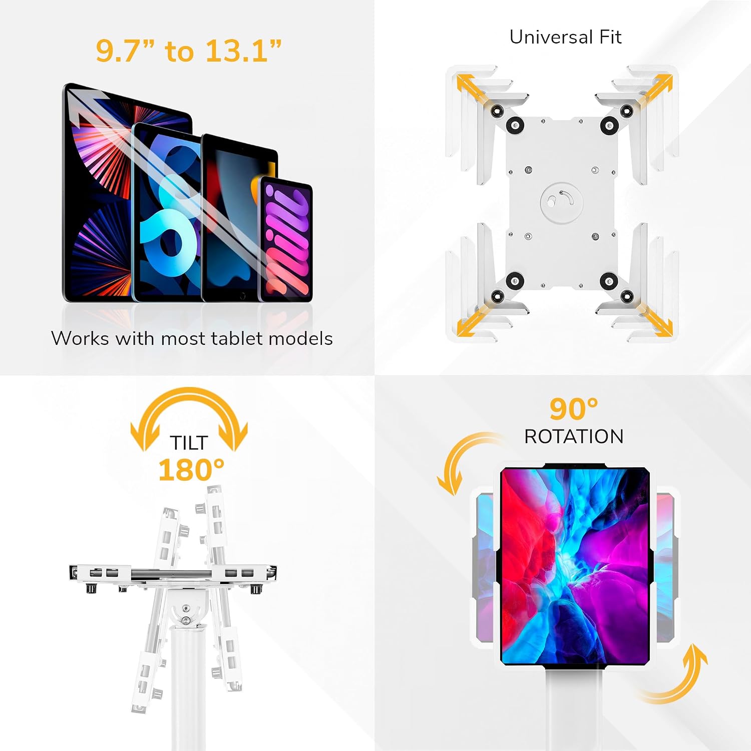 Mount-It! Anti-Theft Universal Tablet Floor Stand Kiosk, Locking Enclosure for iPad, Galaxy Tab & Surface Pro 9.7'–13.1', Height Adjustable 27.5'–47', Commercial Kiosk Stand, White