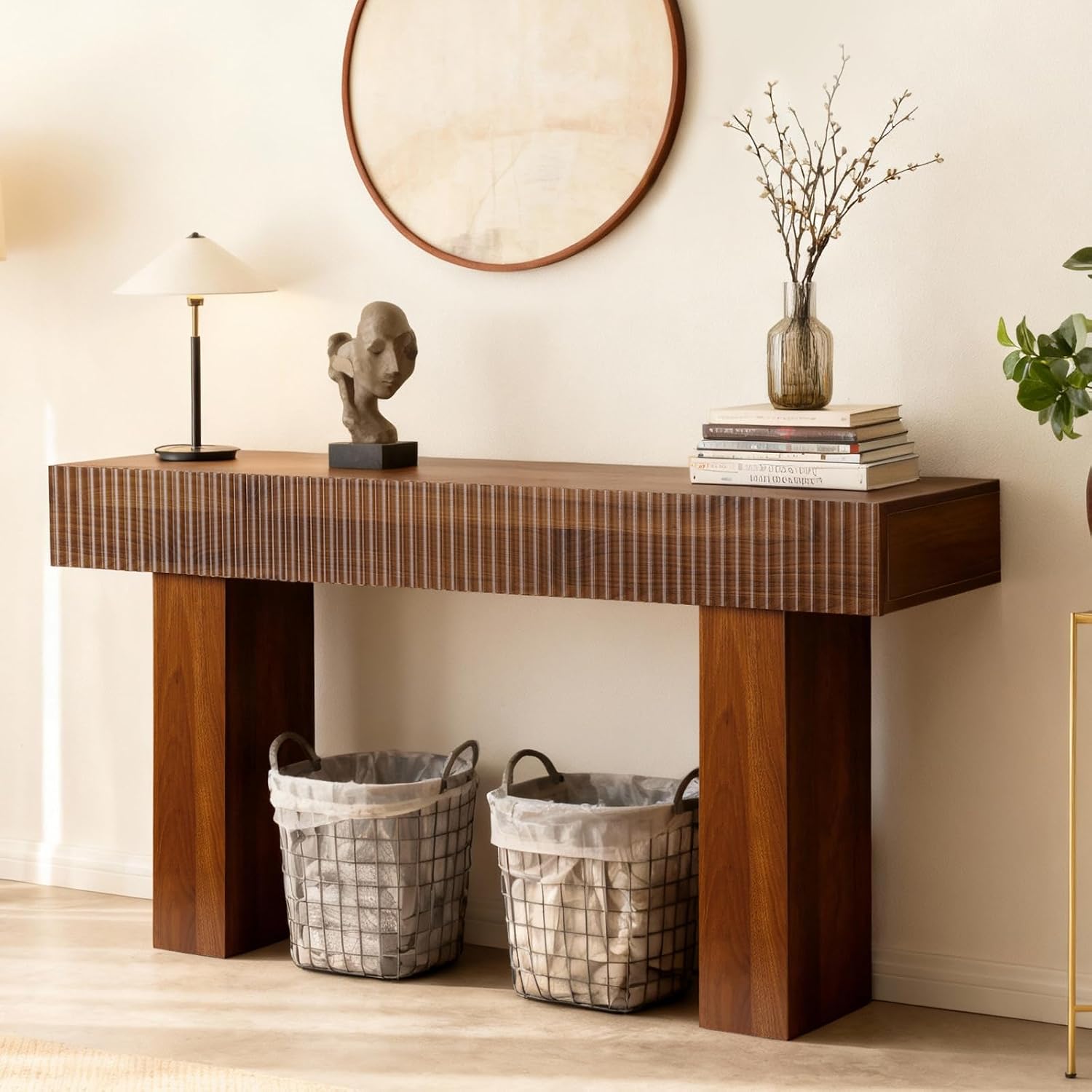 ZYBT 56' Fluted Console Table, Boho Vanity Desk Wooden Narrow Sofa Table Behind The Couch, Farmhouse Entryway Table for Entrance, Hallway,Living Room,Bedroom, Home Office,Brown
