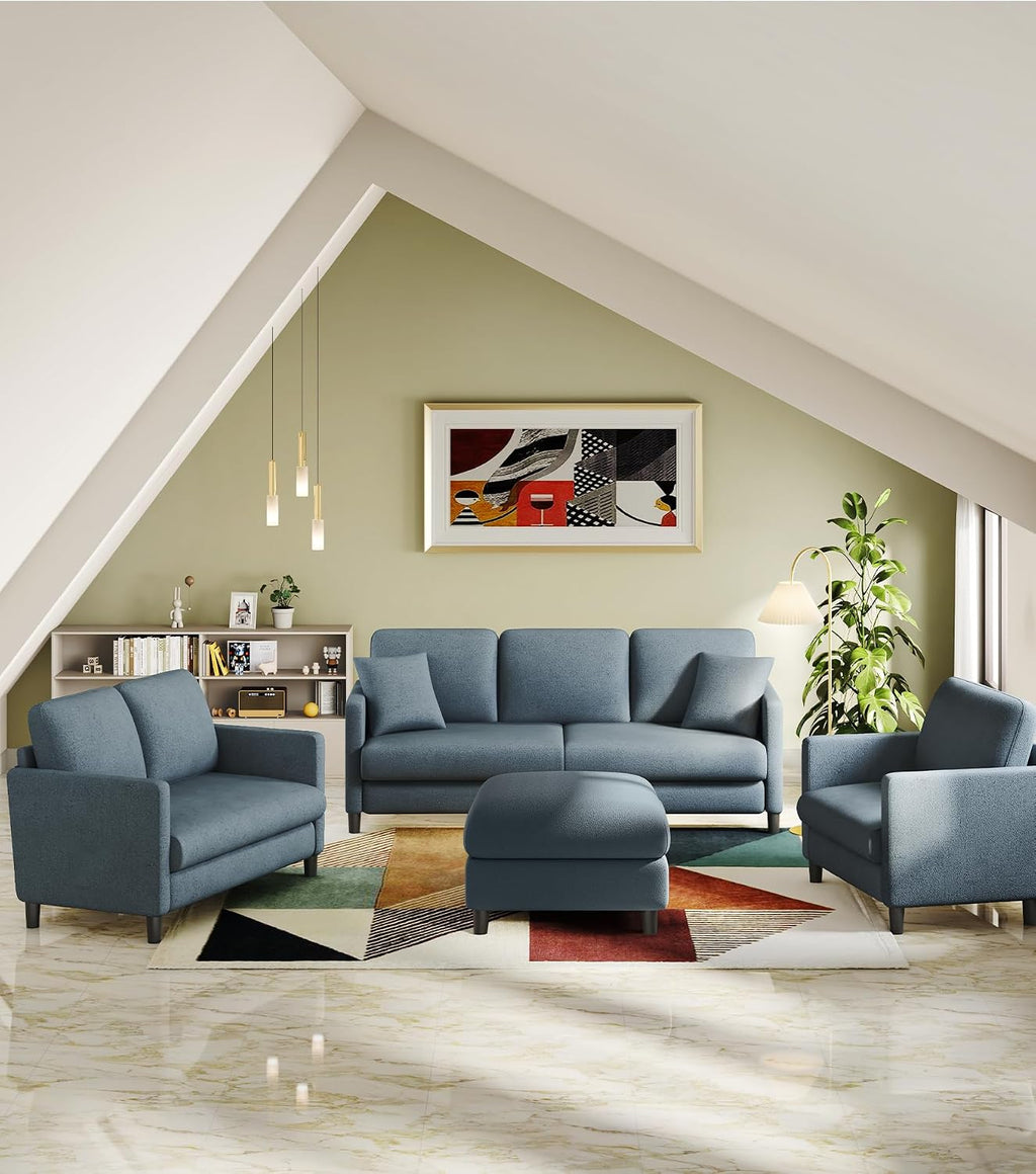 Welzona 83' Couches for Living Room, Teddy Sofa Couch with Storage Ottomans, U Shaped Couch with Movable Ottomans, Tool-Free Modular Sectional Sofa, All-Wood Sofas for Living Room 2 Pillows, Blue Grey