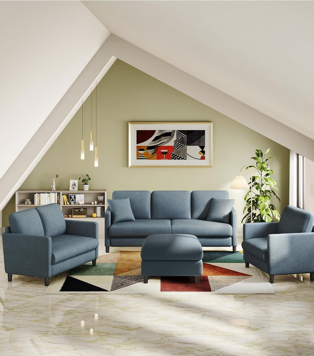 Welzona 83' Couches for Living Room, Teddy Sofa Couch with Storage Ottoman, L Shaped Couch with Movable Ottoman, Tool-Free Modular Sectional Sofa, All-Wood Sofas for Living Room 2 Pillows, Blue Grey