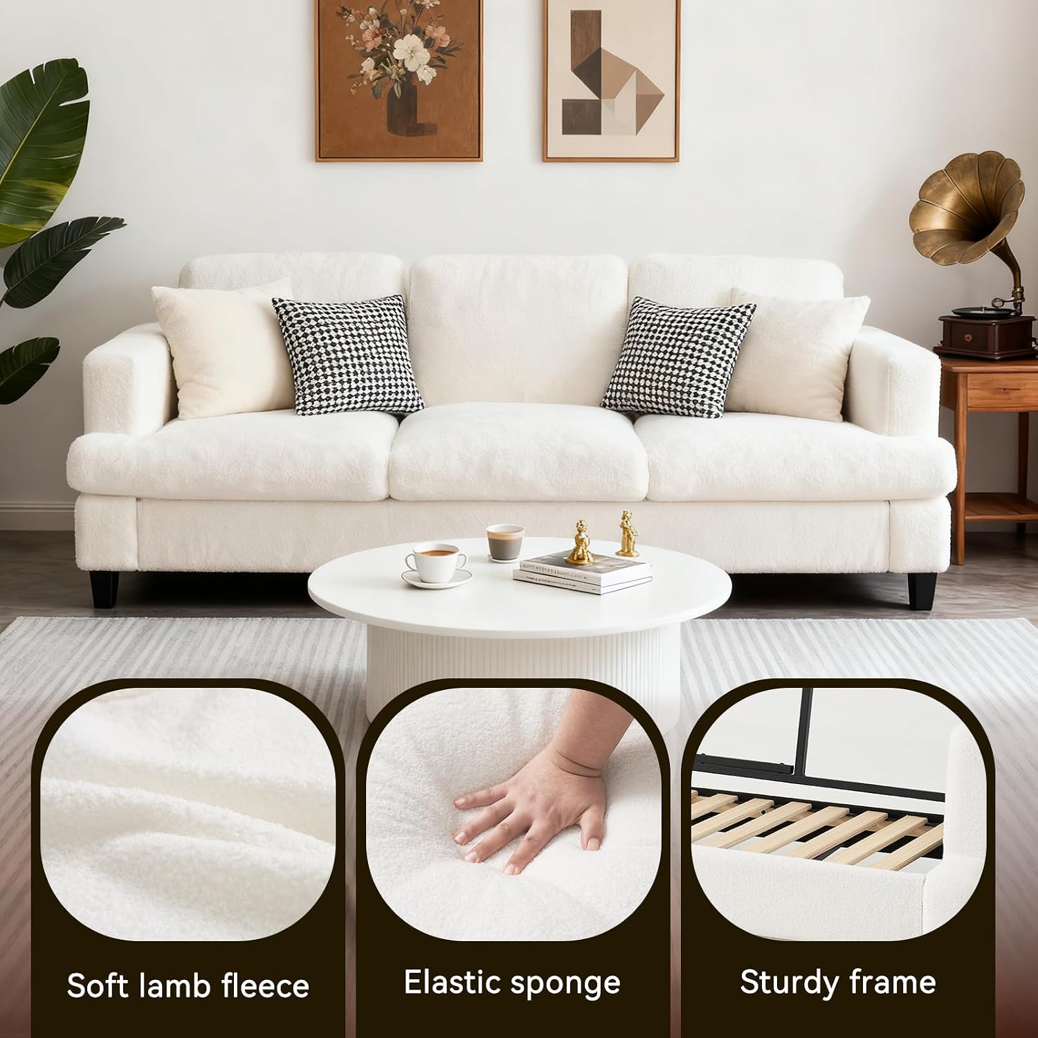 88' Cloud Couch Lamb Fleece Beige Couch 3 Seat Living Room Furniture with Side Pocket and Wide Armrest for Living Room, Bedroom, Office