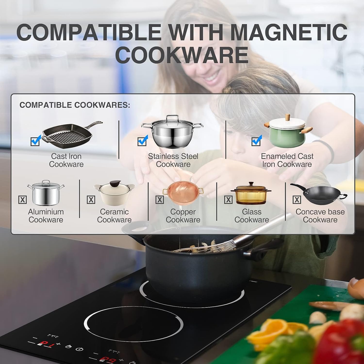 Double Induction Cooktop, WABK 2300W 2 burner Induction Cooker Cooktop, 110V Countertop & Built-in Electric Cooktop with Hot Plate, LED Touch Screen & 9 Power Levels, 2-Hour Timer and Child Lock