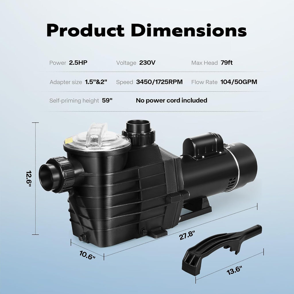 VIVOHOME 2.5HP 230V Pool Pump, Dual Speed with High Lift 79FT, Self-Priming DOE Energy Saving, 1.5' & 2' Connectors w/Strainer Basket for In-Ground Pools
