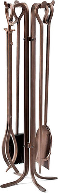 Plow & Hearth 5 Piece Hand Forged Iron Fireplace Tool Set 32.5' | Bronze Wrought Iron Handle for Outdoor Indoor | Stand Poker Shovel Brush Log Tongs Wood Stove Accessory