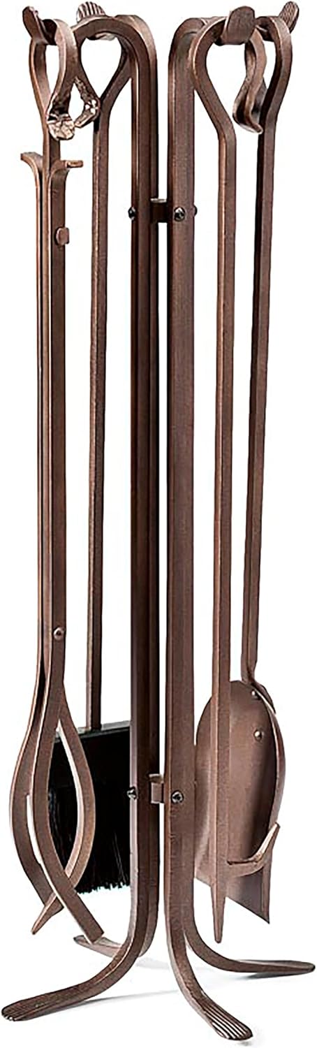 Plow & Hearth 5 Piece Hand Forged Iron Fireplace Tool Set 32.5' | Bronze Wrought Iron Handle for Outdoor Indoor | Stand Poker Shovel Brush Log Tongs Wood Stove Accessory