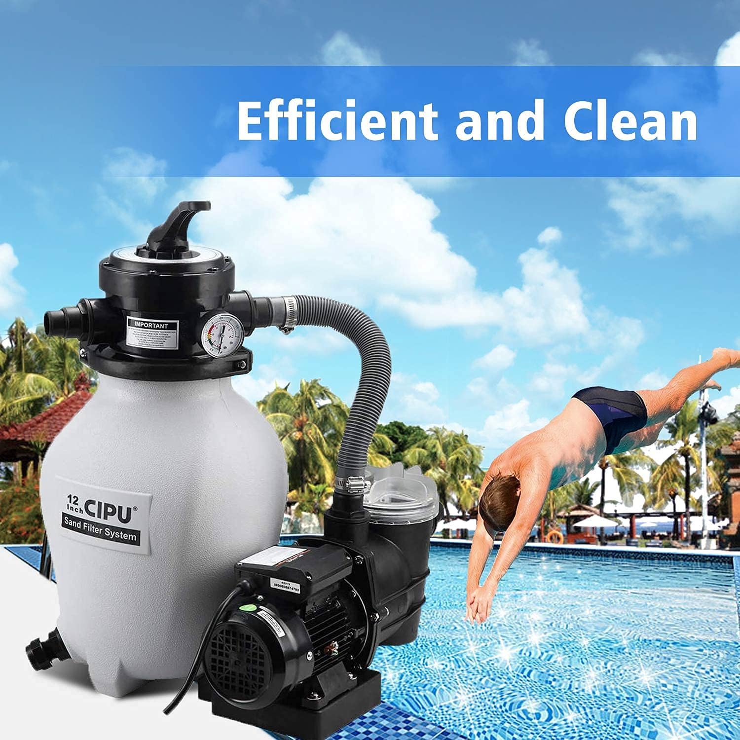 CIPU 12-inch Sand Filter Pump System Handy 4-Way Valve for Above Ground Swimming Pools with Prefilter Pool Pump 115V 6-Foot Cord to Easy Installation SFPS12501