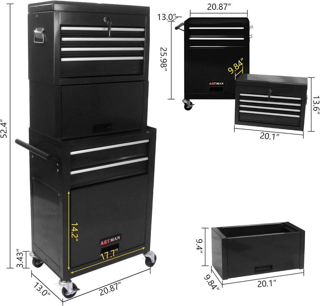 6-Drawer Tool Chest, 3-in-1 Rolling Tool Box with Detachable Top Toolbox & Key Lock,Tool Cabinet with Protective Liner & Universal Lockable Wheels,Metal Storage Cart for Garage,Workshop (Black)