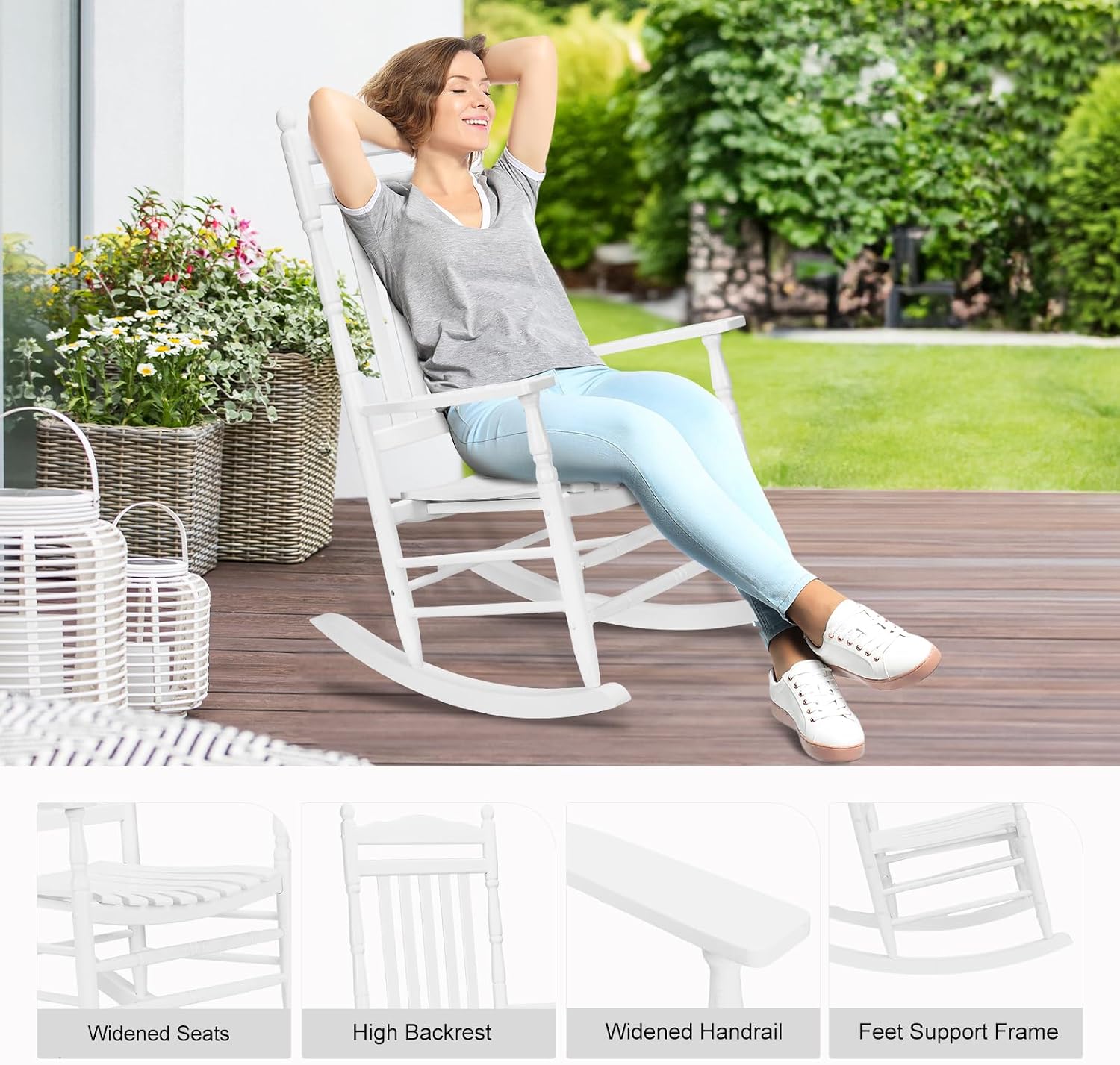 VINGLI Wooden Rocking Chair Outdoor Set of 2, Patio Rockers with High Back, Support 450 LBS Rocking Chairs, for Porch, Patio, Balcony, Garden, Yard (White, 2 PCS)