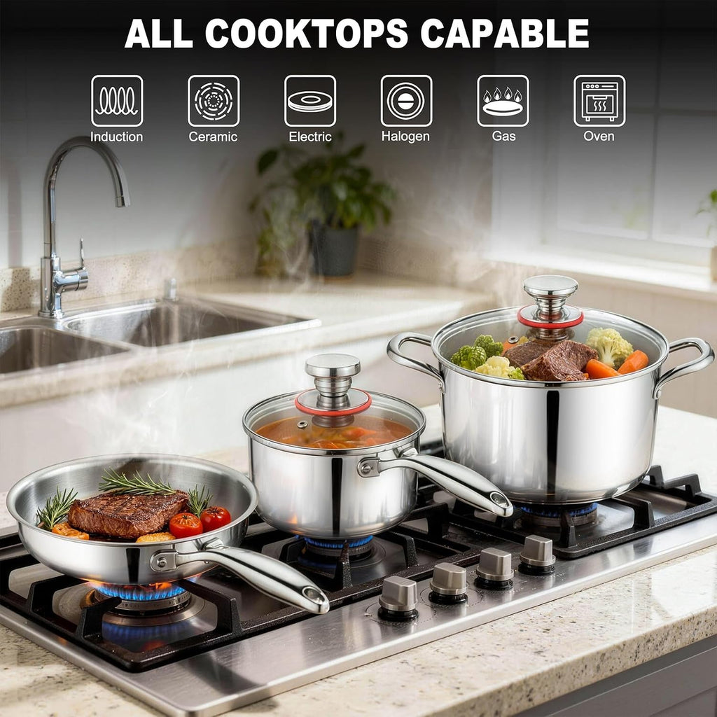 P&P CHEF 3-Ply Stainless Steel Cookware Set of 6, 10-Pieces Pots and Pans Sets Stainless Steel for Kitchen, Induction Multi Cooktops & Oven, Dishwasher Safe, Frying Pans, Saucepans, Saute Pan & Pot