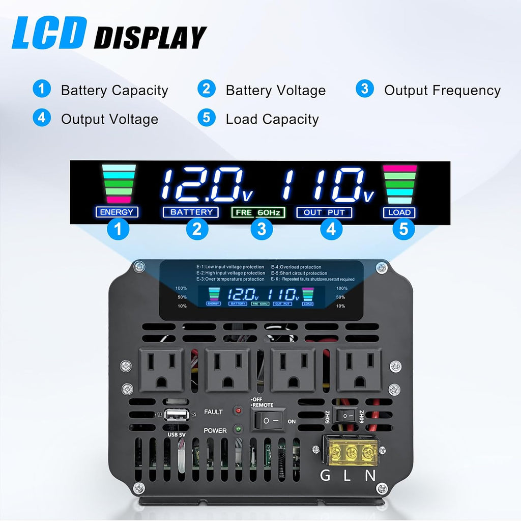 LVYUAN 5000 Watt Power Inverter 12V to 110V 120V for Vehicle, Solar Inverter System, Heavy Duty, RV, Truck, Off Grid,Camping with 4 AC Outlets, LCD Display, Wireless Remote Control, Car Power Inverter