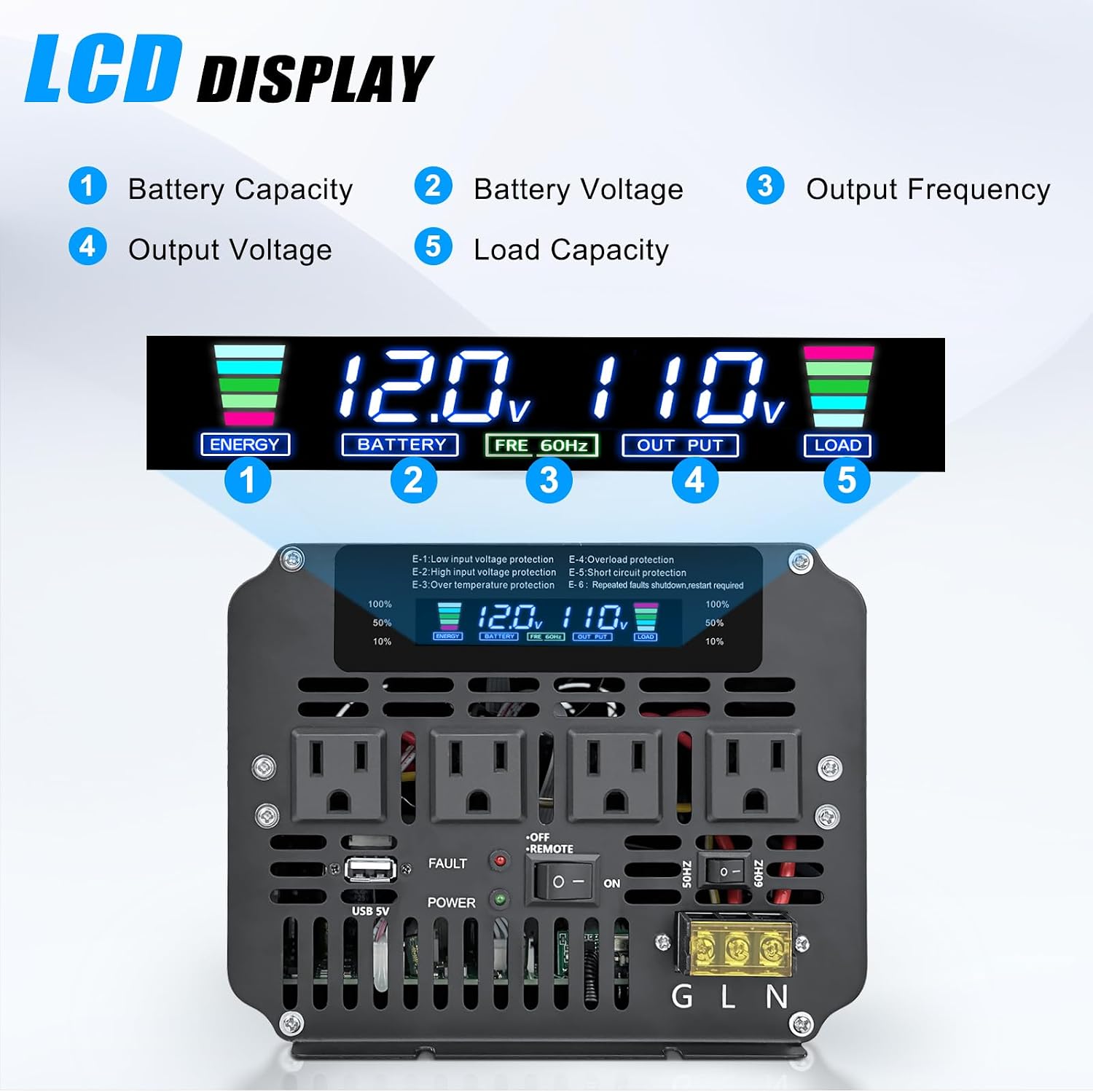 LVYUAN 5000 Watt Power Inverter 12V to 110V 120V for Vehicle, Solar Inverter System, Heavy Duty, RV, Truck, Off Grid,Camping with 4 AC Outlets, LCD Display, Wireless Remote Control, Car Power Inverter