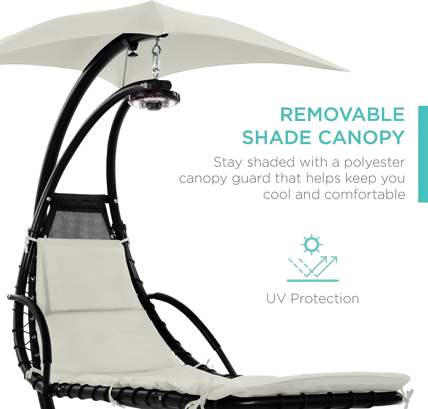 Best Choice Products Hanging LED-Lit Curved Chaise Lounge Chair Swing for Backyard, Patio, Lawn w/ 3 Light Settings, Weather-Resistant Pillow, Removable Canopy Shade, Steel Stand - Ivory