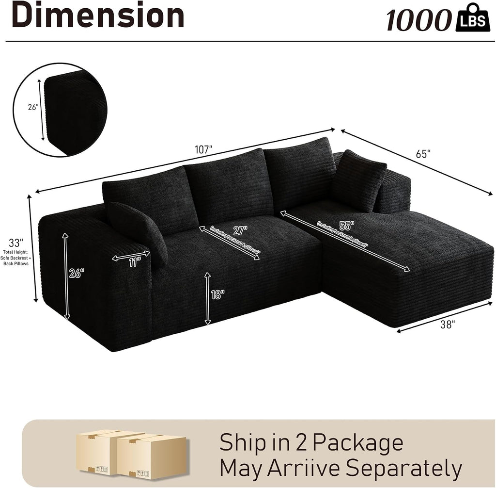 107' L-Shaped Boneless Sectional Couches for Living Room, Comfy Corduroy Fluffy Cloud Couch, Deep Seat Memory Foam Plush Modular Sectional Sofa with Right-Facing Chaise, No Assembly, Black