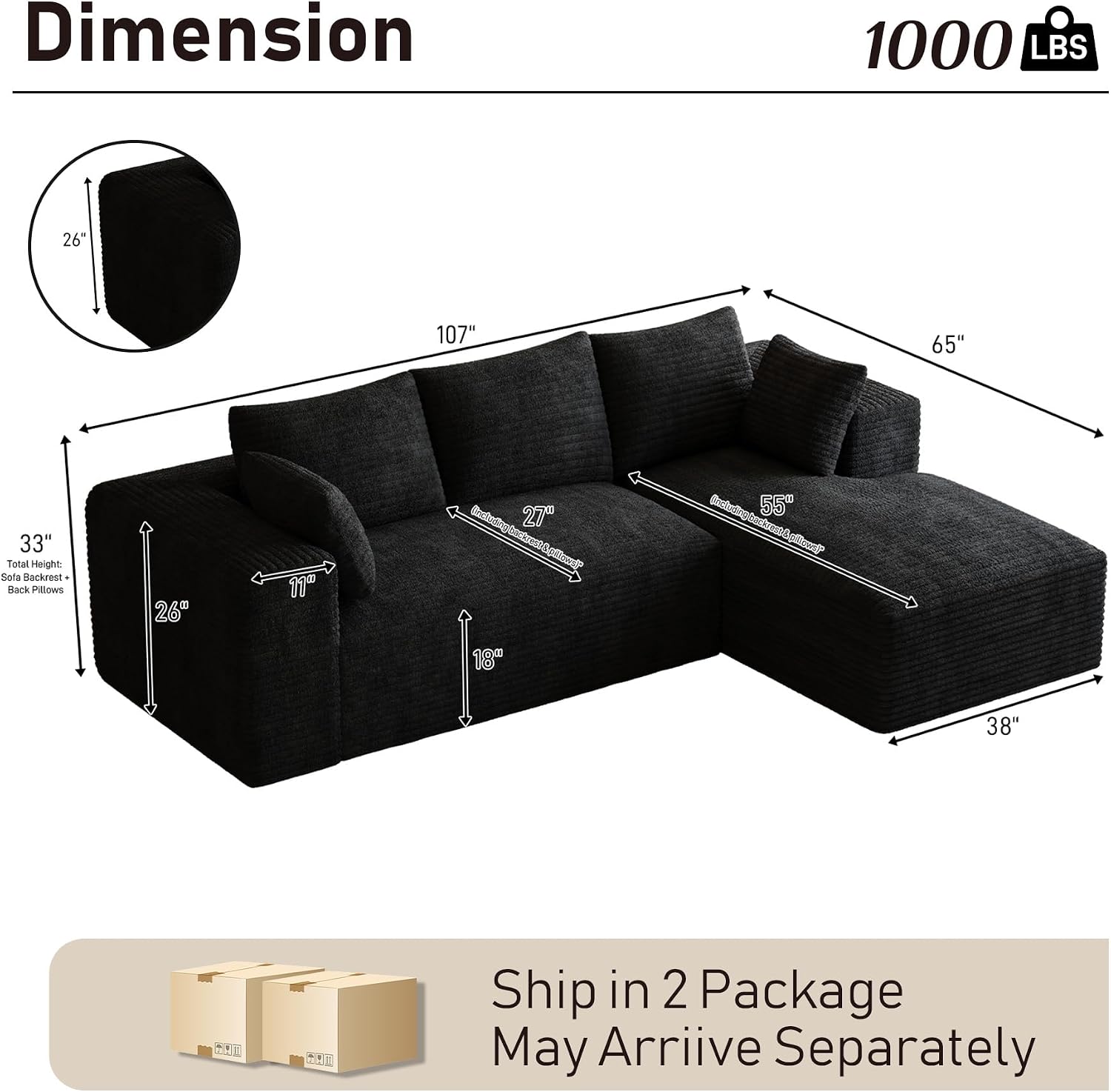 107' L-Shaped Boneless Sectional Couches for Living Room, Comfy Corduroy Fluffy Cloud Couch, Deep Seat Memory Foam Plush Modular Sectional Sofa with Right-Facing Chaise, No Assembly, Black