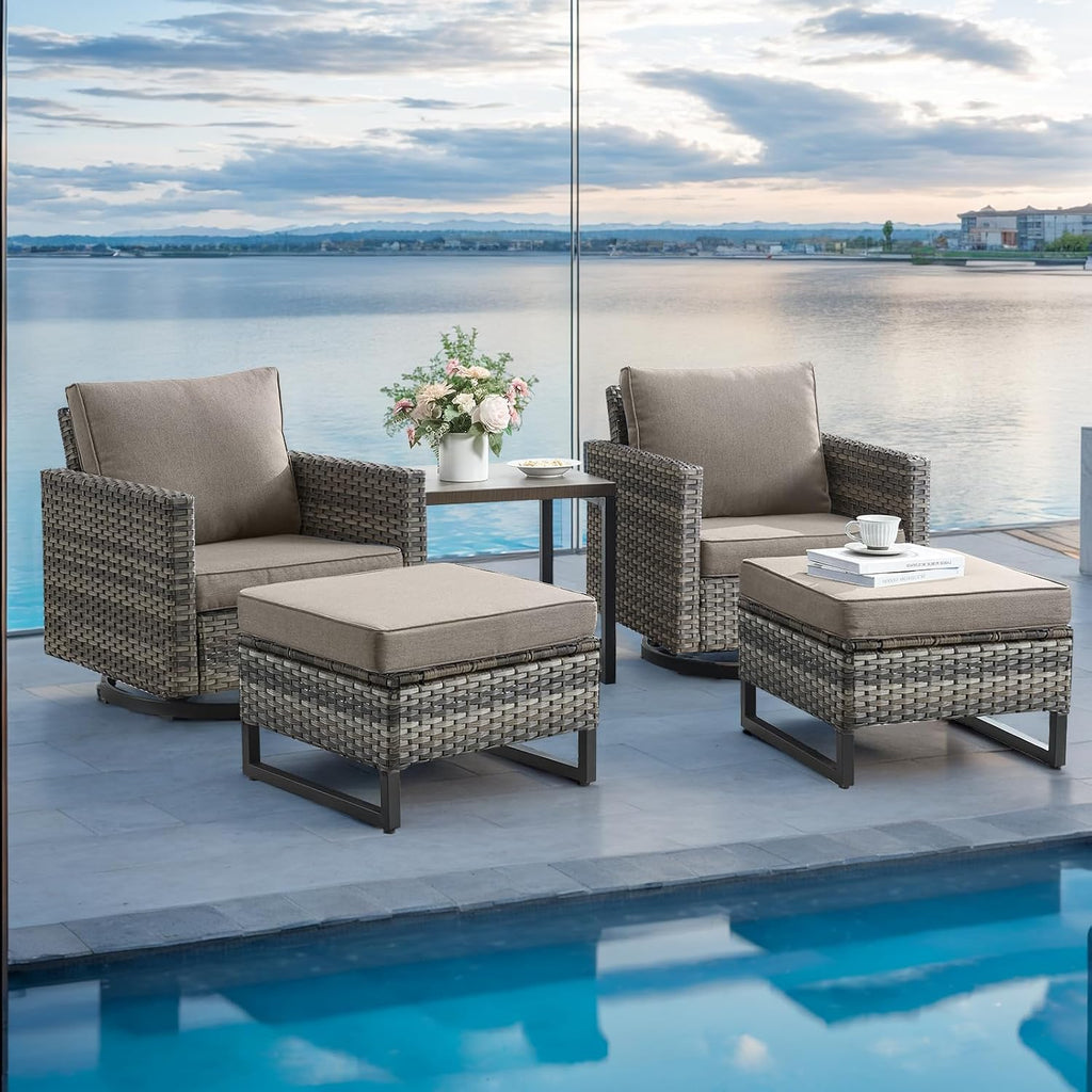 Rilyson Wicker Outdoor Patio Furniture Set - 5 Piece Patio Conversation Set with 2 Swivel Rocker Chairs,2 Rattan Ottoman and 1 Metal Side Table for Outside Porch Deck Backyard Garden(Mixed Grey/Grey)