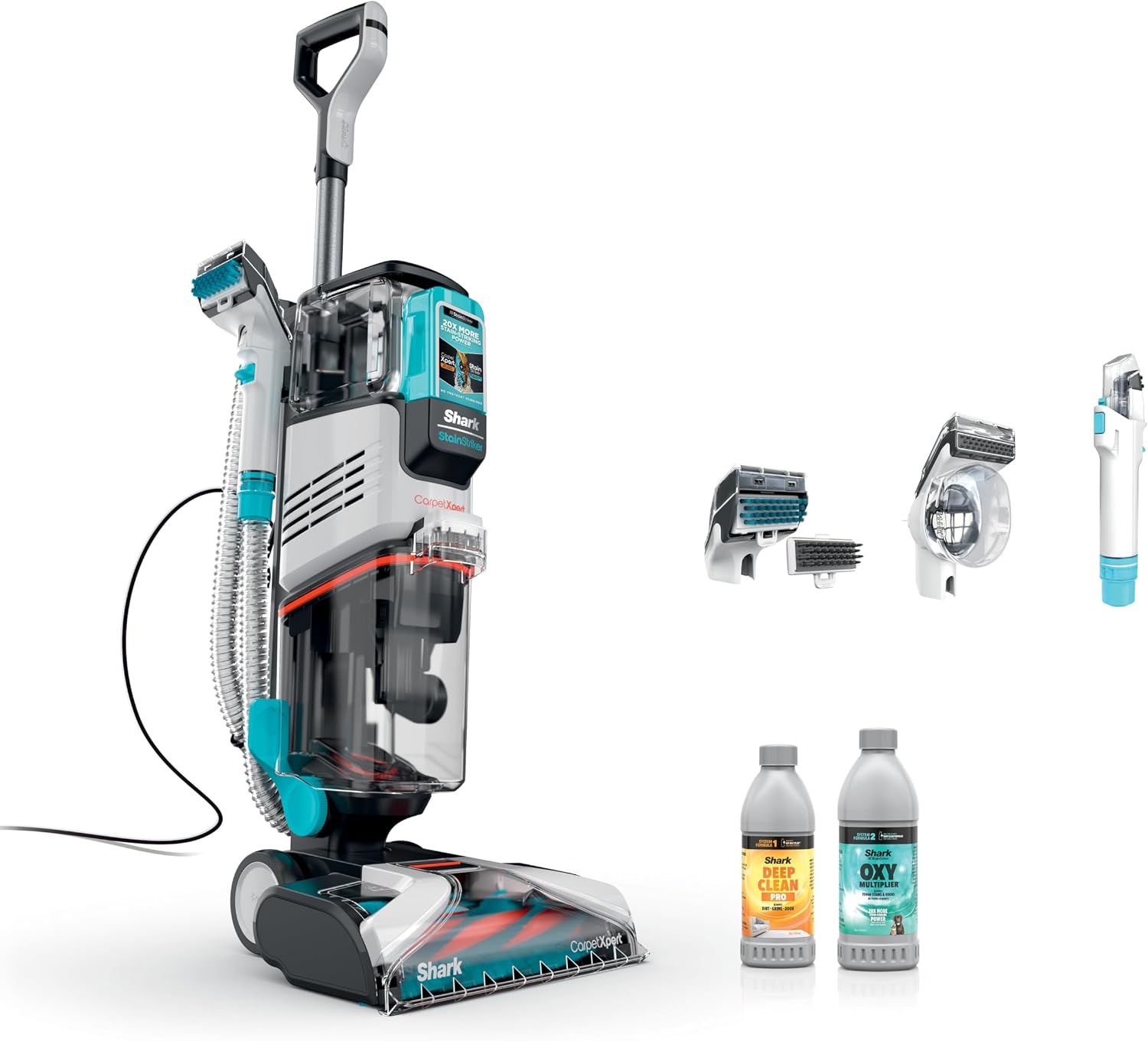 Shark CarpetXpert | Upright Carpet, Area Rug & Upholstery Cleaner | Carpet Shampooer with StainStriker Handheld Tough Stain Eliminator | Removes Tough Stains & Odors | 3 Cleaning Tools | White | EX201