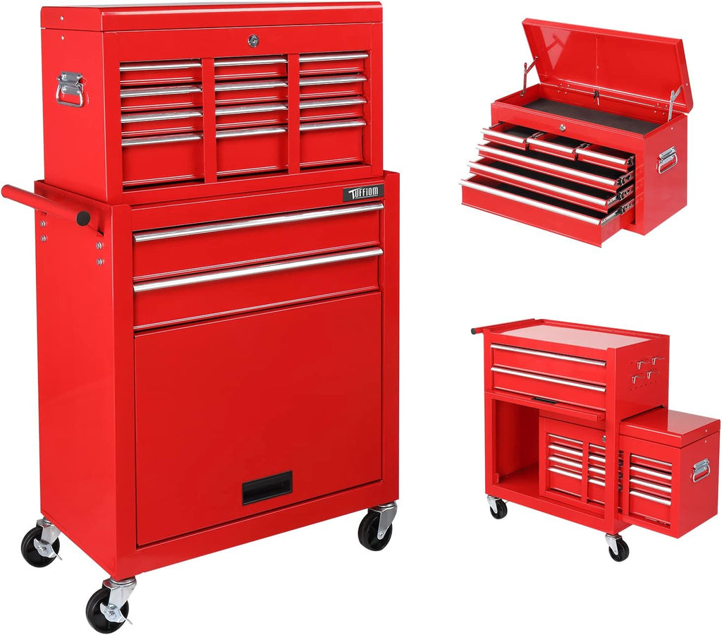 TUFFIOM 8-Drawer Rolling Tool Chest, Tool Storage Cabinet w/Lockable Wheels, Detachable Top, Drawers & Side Hooks, Mechanic Tool Organizer Box for Garage Warehouse Repair Shop
