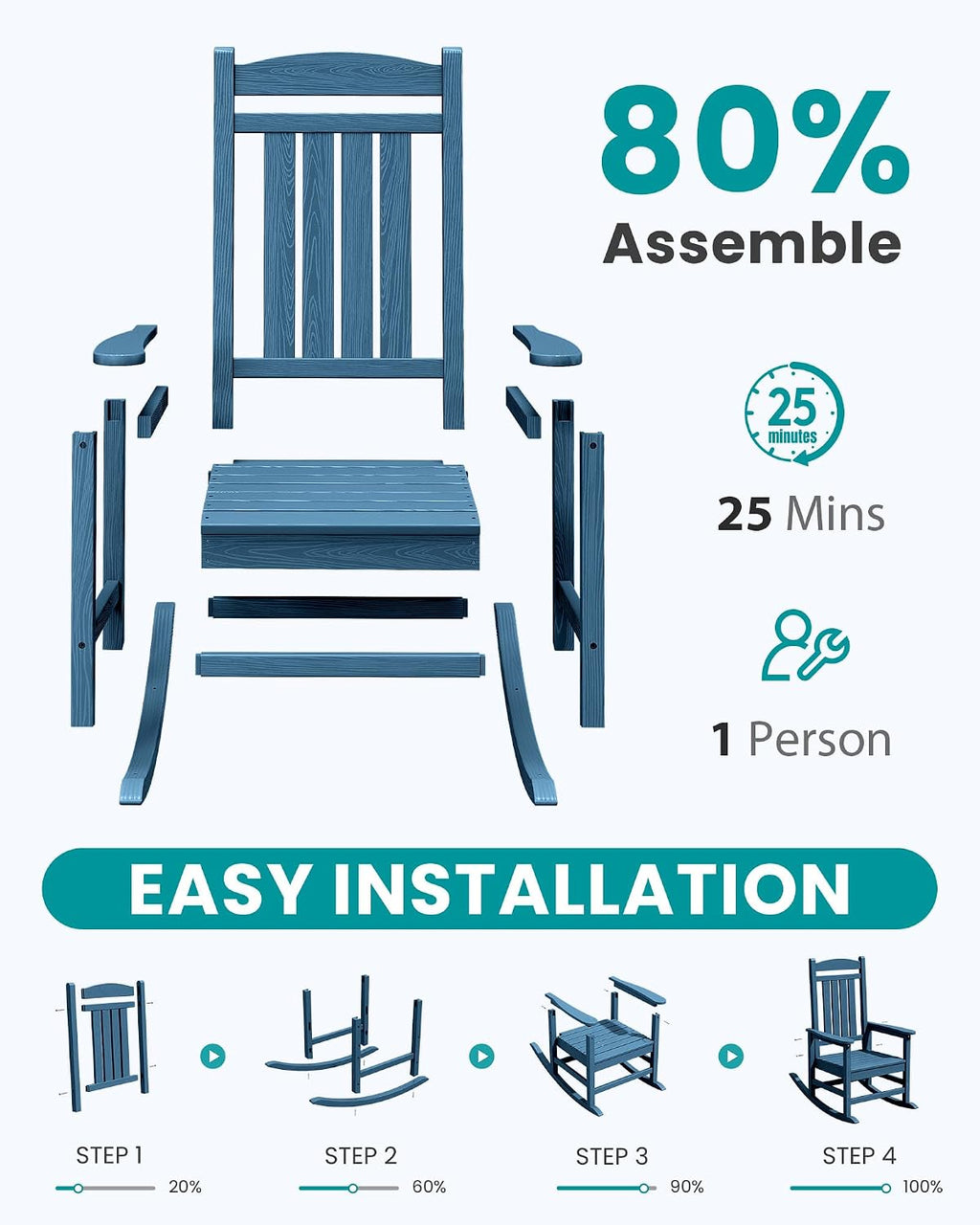 SERWALL Oversized Rocking Chairs Set of 4, HDPE Outdoor Rocking Chair, All-Weather Porch Rockers for Patio, Blue