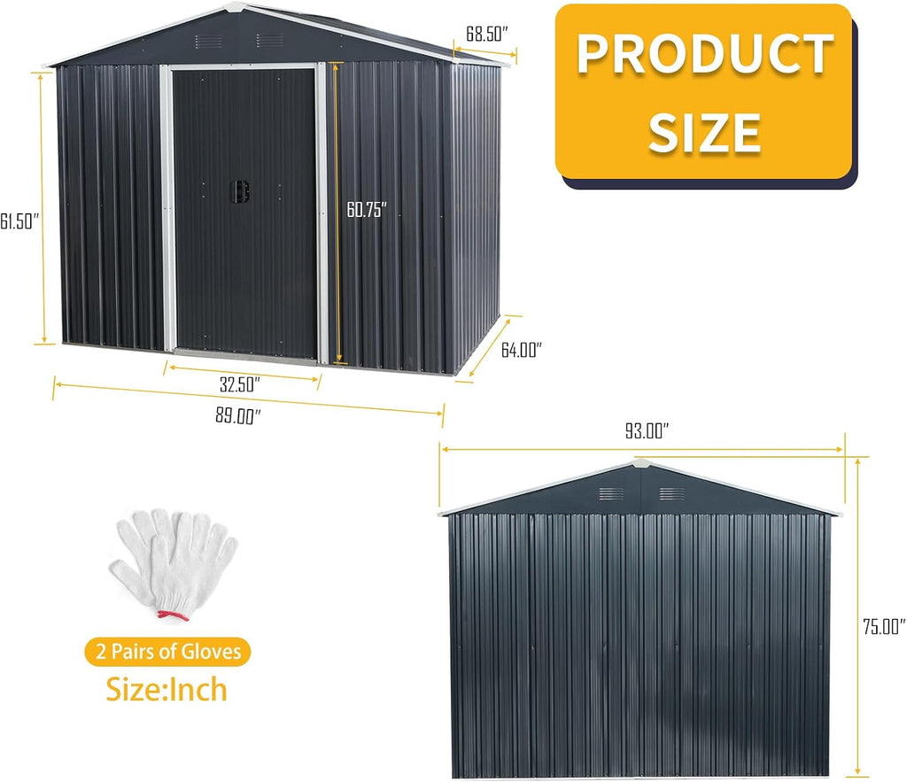 JT 7.5x5.5FT Outdoor Storage Shed with Floor Frame, Metal Garden Shed with Sliding Doors, Waterproof Galvanized Steel Storage House for Backyard Garden, Patio (Black, 7.5 * 5.5FT)