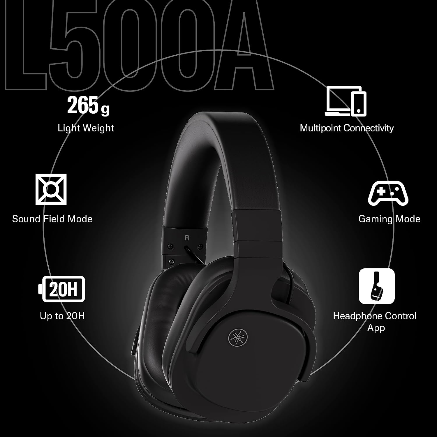 Yamaha YH-L500A Wireless Over-Ear Headphones - Sound Field Mode, Lightweight, Bluetooth Multipoint, aptX Adaptive, Google Fast Pair (Black)